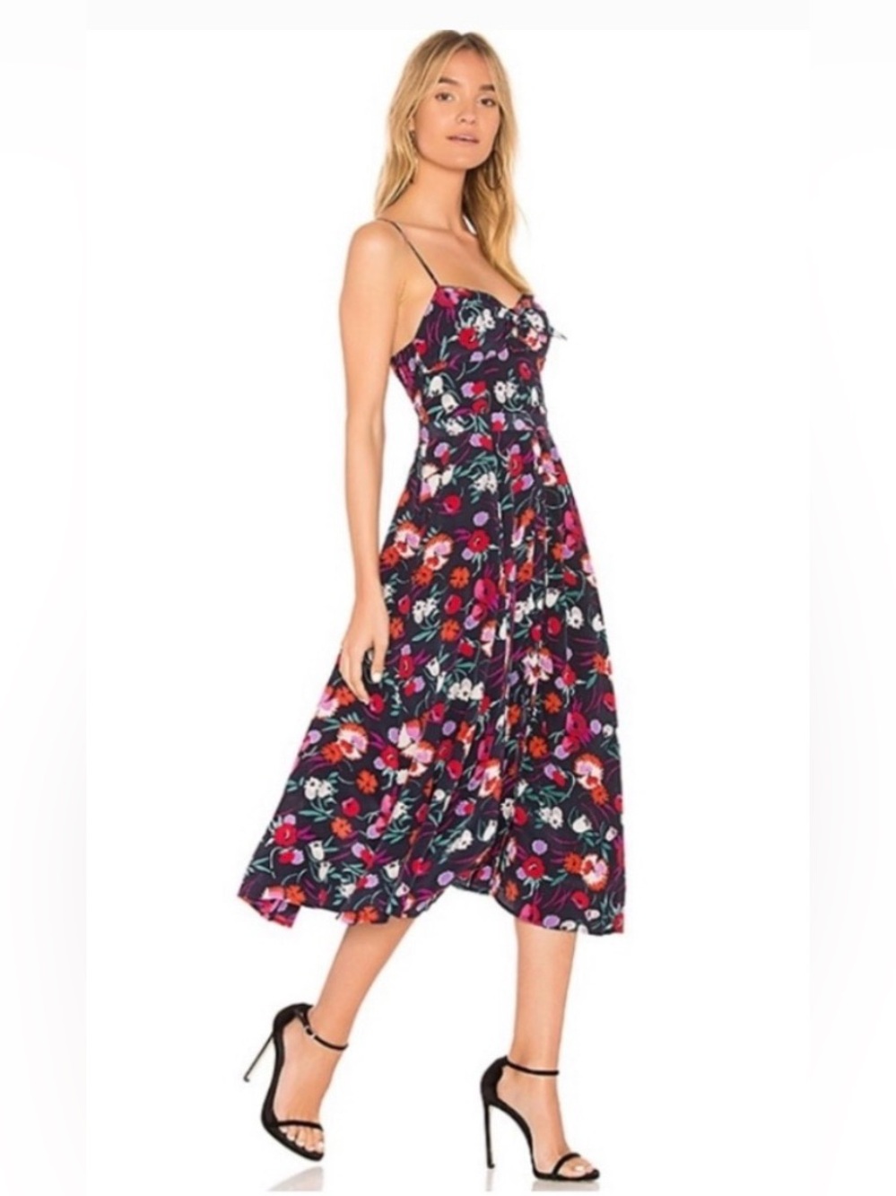 Yumi Kim Navy Floral Midi Dress with Pink & Red Blooms